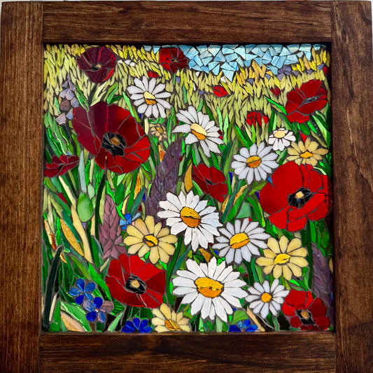 Cindy Laneville - Mosaic Artist Windows Poppy & Daisy Explosion - Original Glass Mosaic Artwork