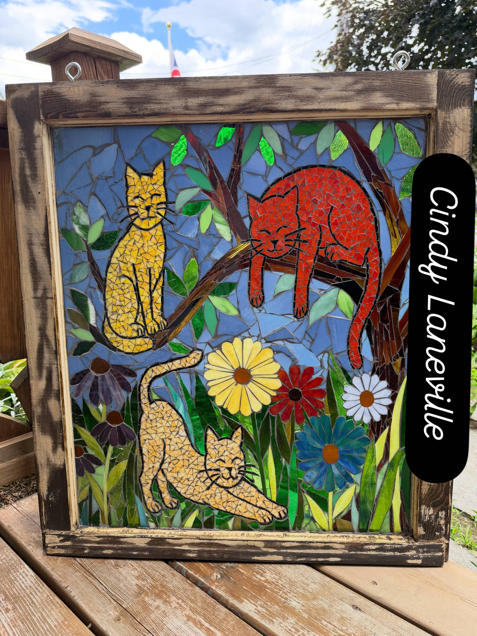 Cindy Laneville - Mosaic Artist windows Three Cats, One Tree, Zero Concerns.  - Original Mosaic Artwork