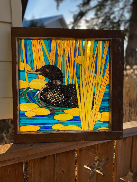 Common loon handmade stained glass mosaic Canadian wildlife art by Cindy Laneville Ontario Canada
